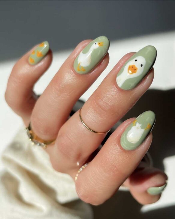 white and green duck nail art for spring