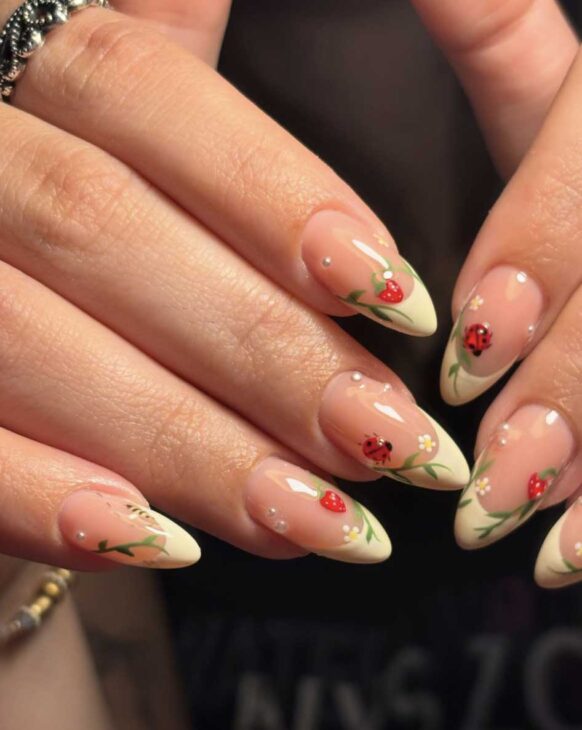 butter yellow tips and ladubyg design spring nails