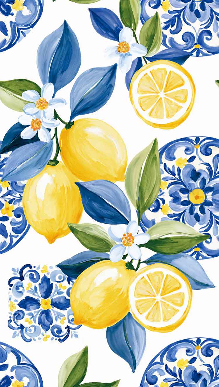 dolce vita watercolor tiles and lemons white blue and yellow free phone wallpaper