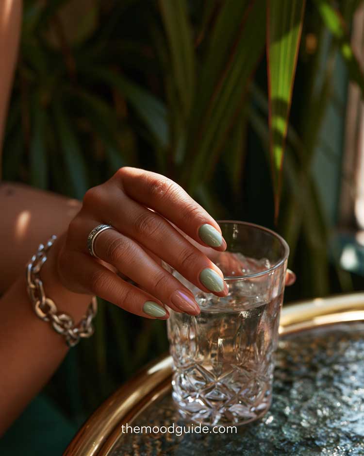 aesthetic sage green and nude minimal simple chic nails for summer. 