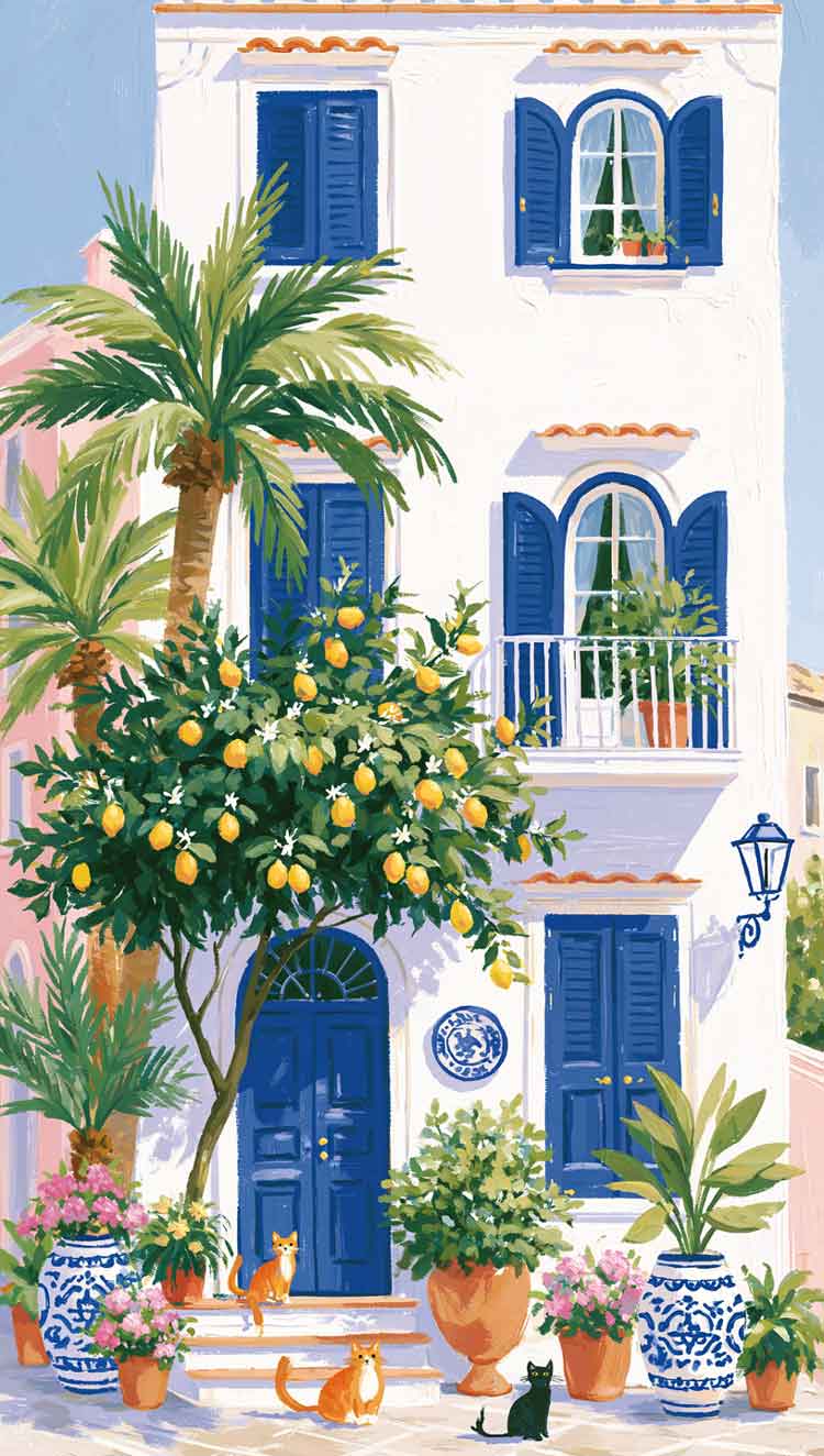 blue and white lemons and pink with cats watercolor art dolce vita aesthetic phone background