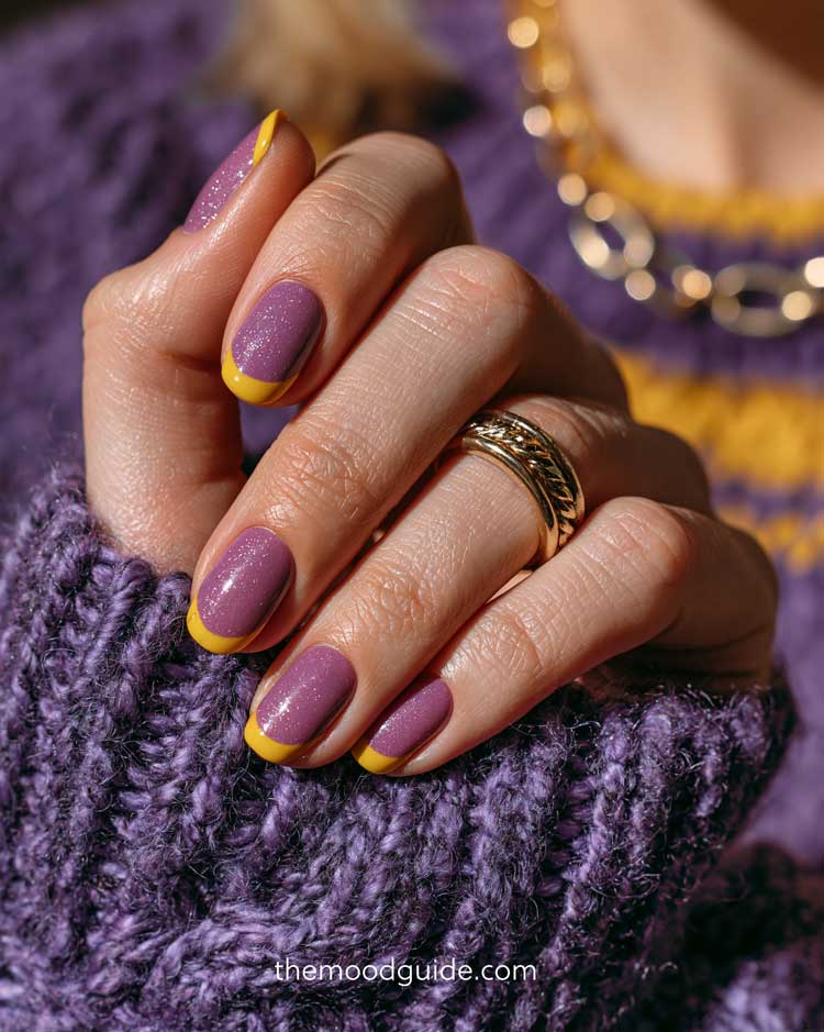 glittery purple naisl with yellow tips