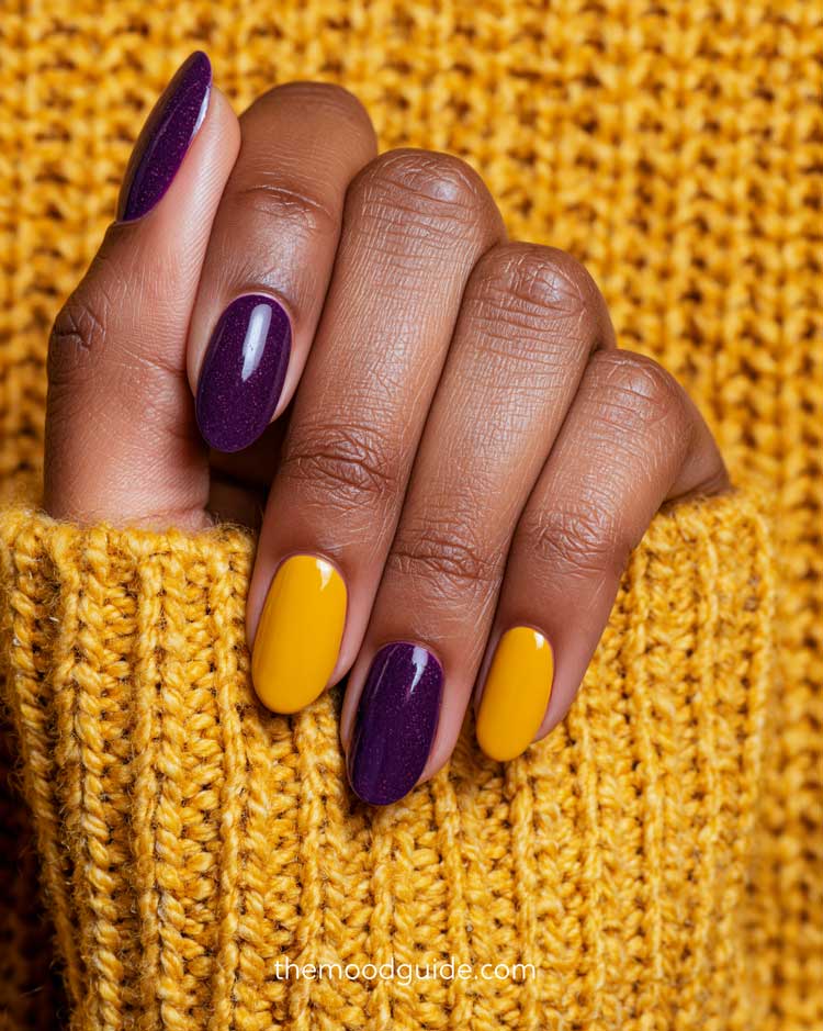 plum and yellow nail combination