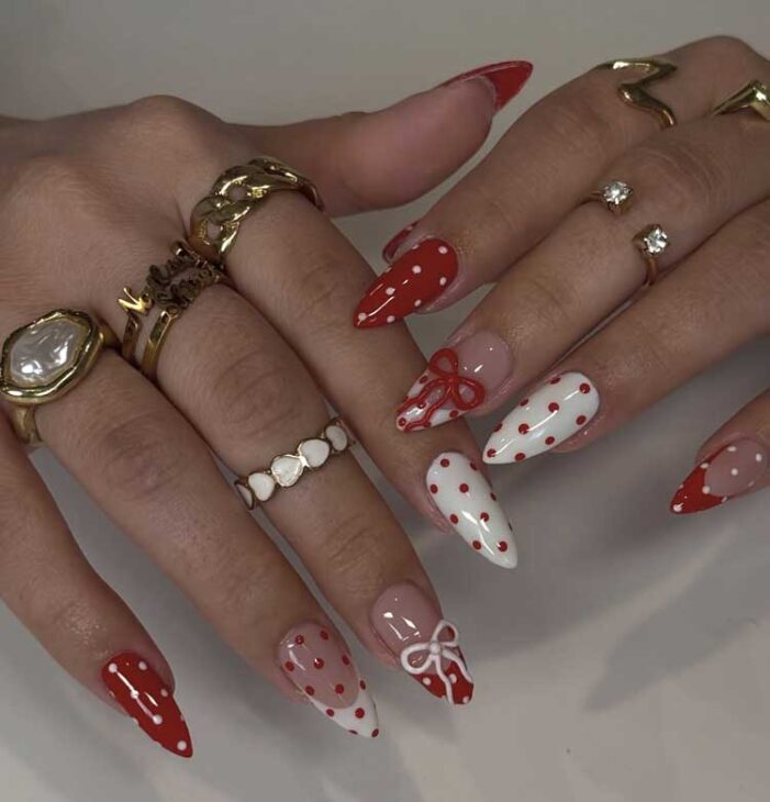 red and white coquette, christmas or valentines day polka dot nails