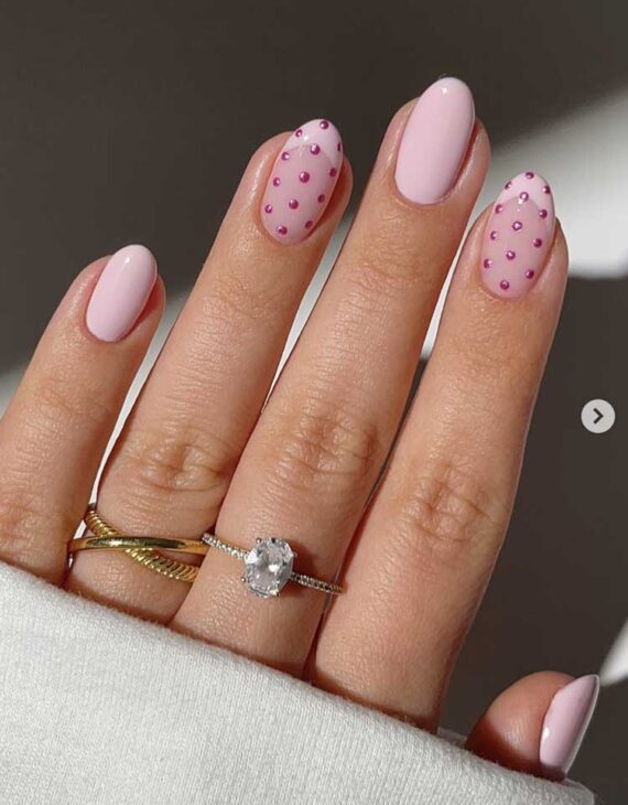pink spring chrome polka dot nails monochrome