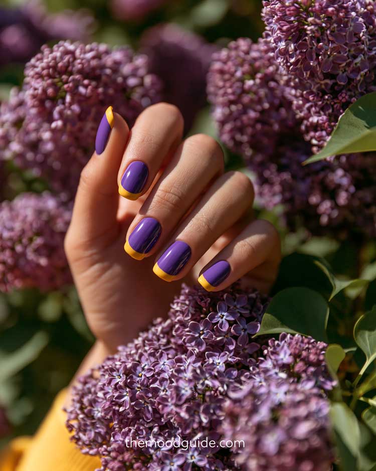 violet nails with mustard french tips on square short simple manicure