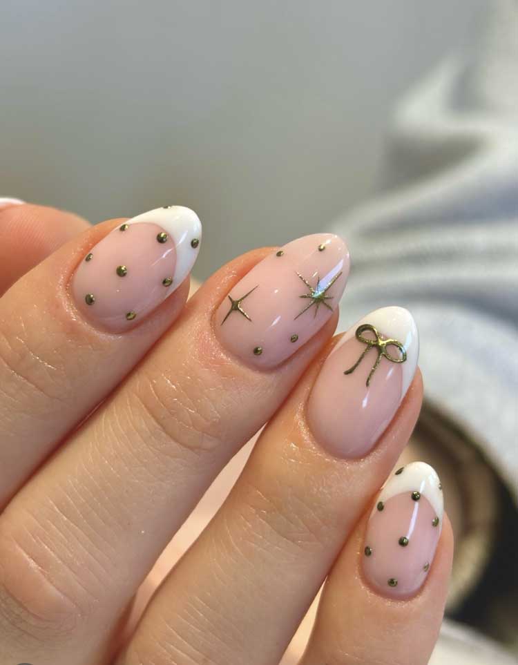 neutral base, white tip and celestial gold polka dot nails