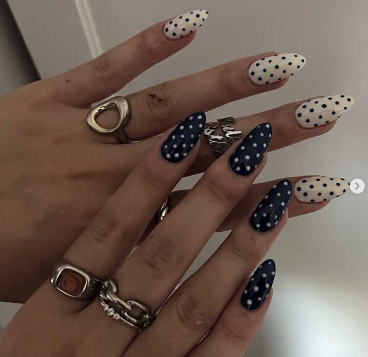 minimal white and navy blue polka dot nails.