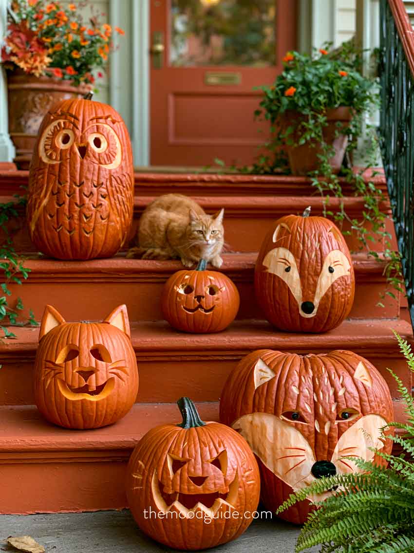 orange pumpin carved aesthetic fall porch stair decor