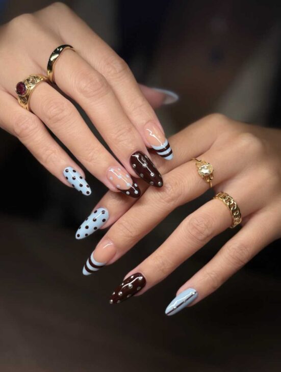 brown and blue polka dot nails