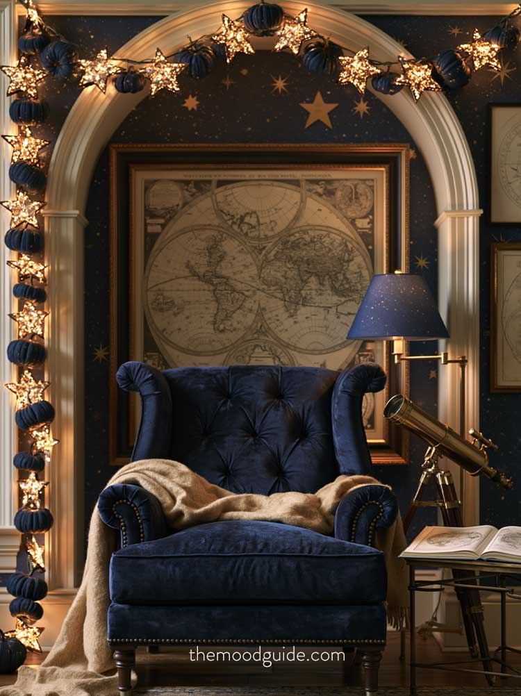 cosy dark blue aesthetic chair dark academia celestial astronomy reading nook