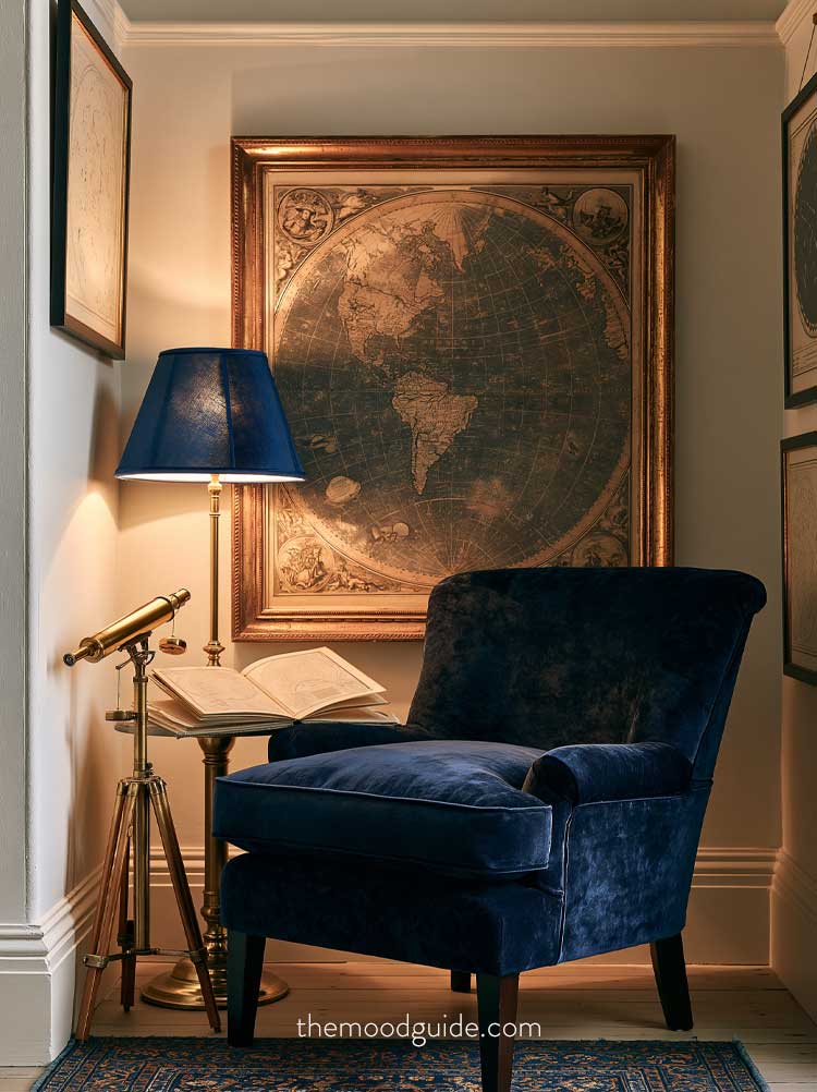 blue velvet academia dark blue chair aesthetic
