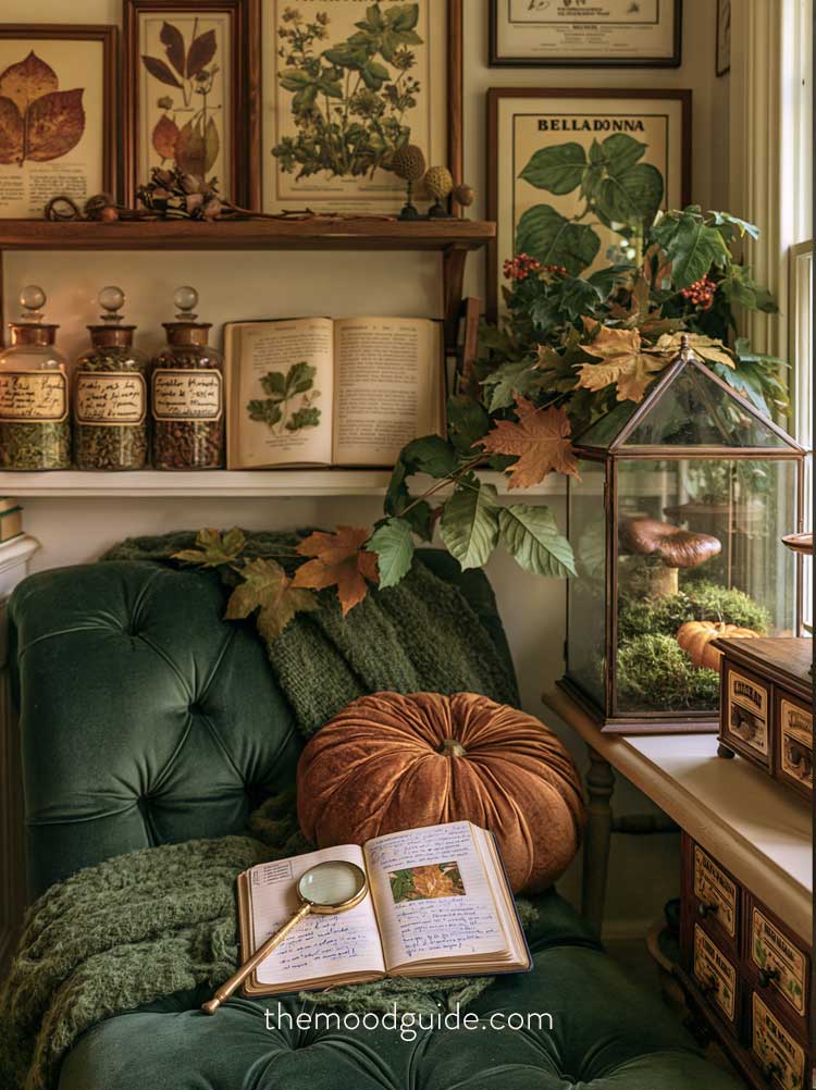 botanical academia cozy aesthetic reading nook