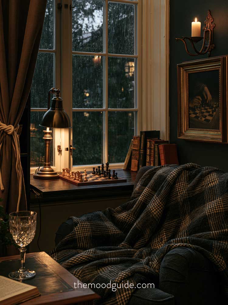 chess aesthetic inspired dark academia fall reading nook