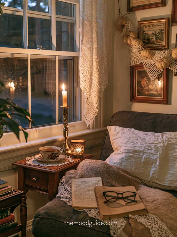 poetcore aesthetic dark academia cozy reading nook