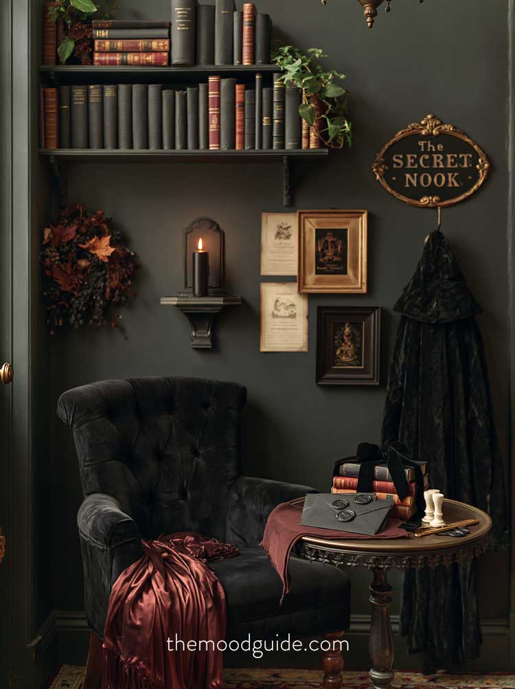 secret society dark academia cozy autumn reading nook aesthetic