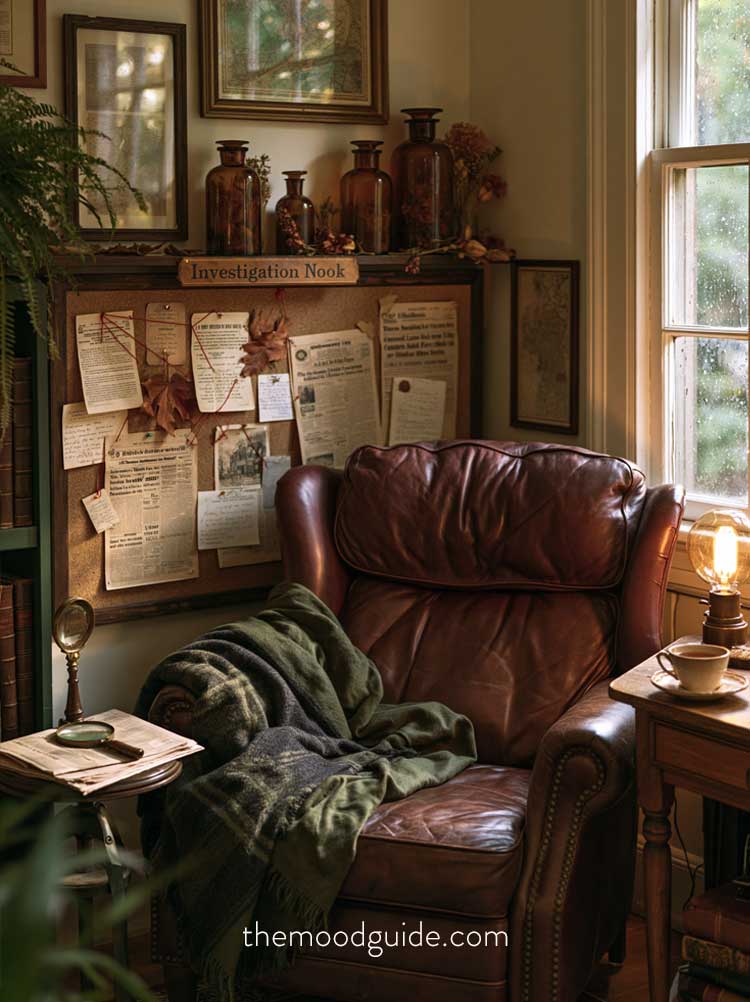 dark academia scherlock holmes aesthetic cozy nook for fall