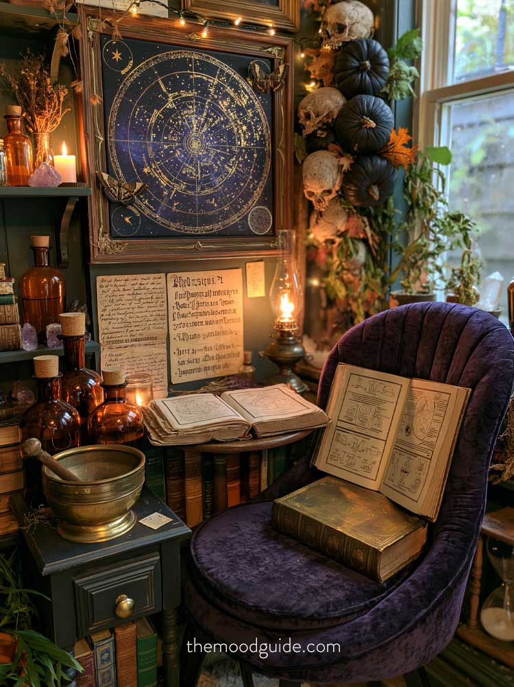 alchemist aesthetic inspired cozy dark academia reading nook with purple velvet chair