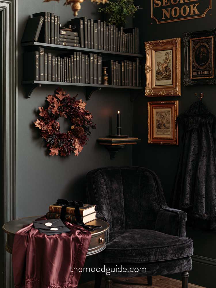 dark moody secret society inspired dark academia reading nook
