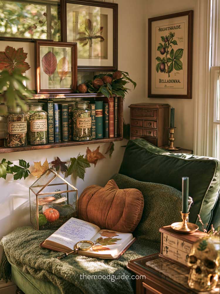 cute cozy academia botanical reading nook