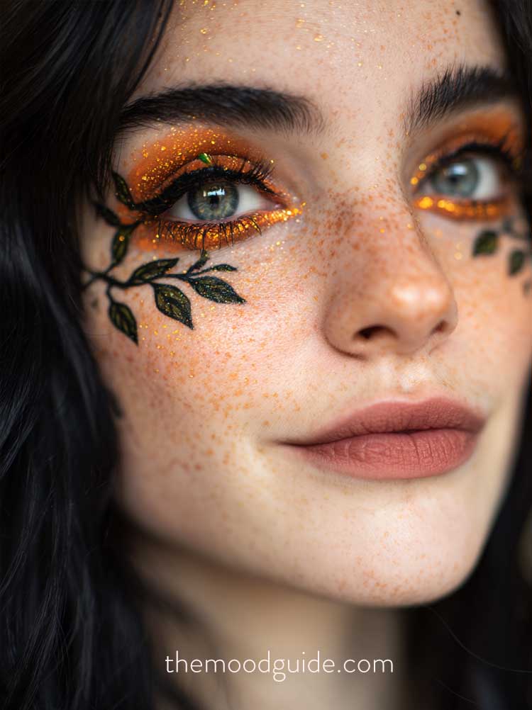 orange glittery eye makeup with vines