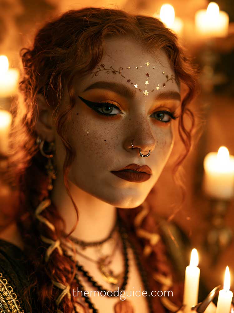 withch halloween makeup with orange and gold