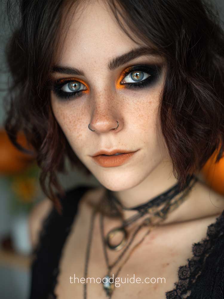 black smoky eyes with orange for easy dark halloween makeup