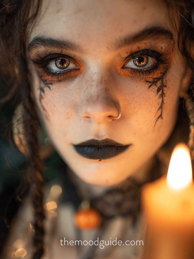 orange glittery with black goth halloween makeup idea