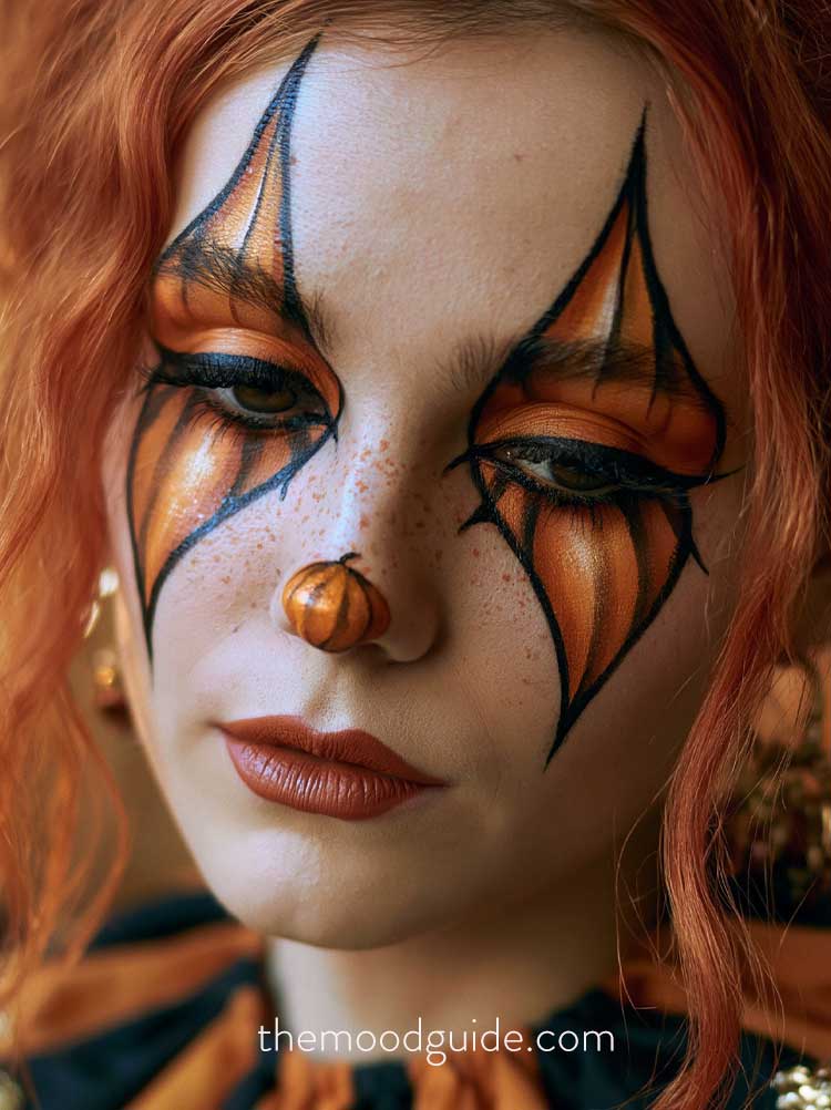 pumpkin orange and black halloween clown makeup on bare skin