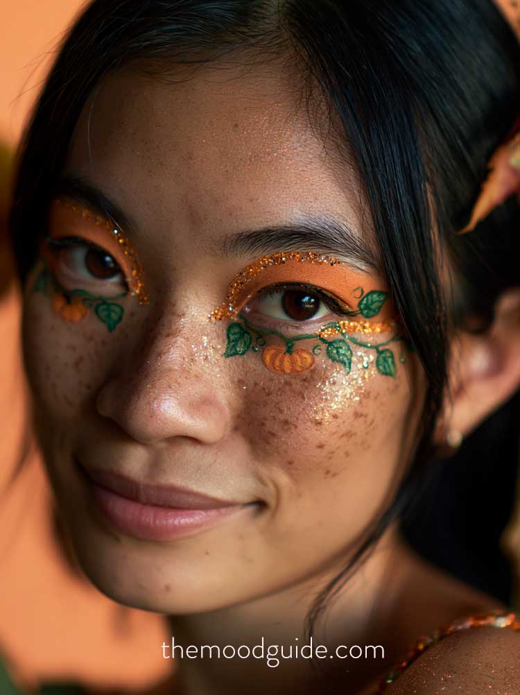 cute asian halloween makeup with pumpkin patch inspired vines