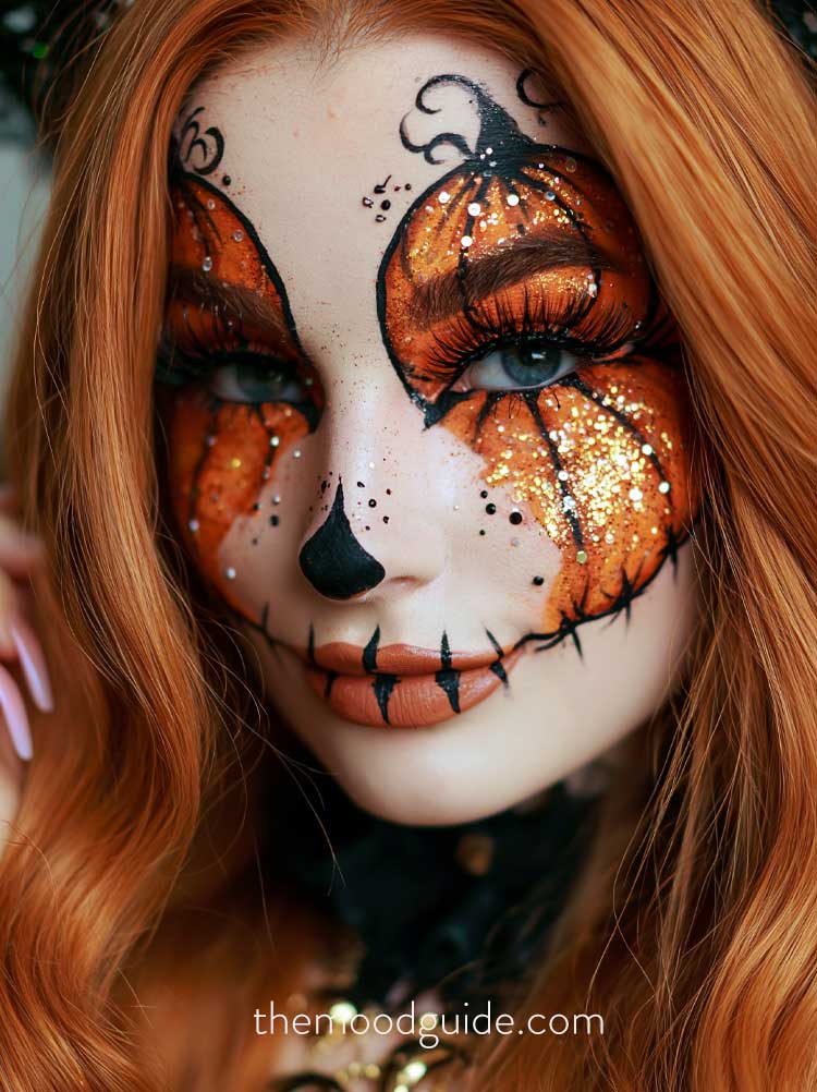 aesthetic jack o lantern makeup glittery artistic full face with stitch mouth