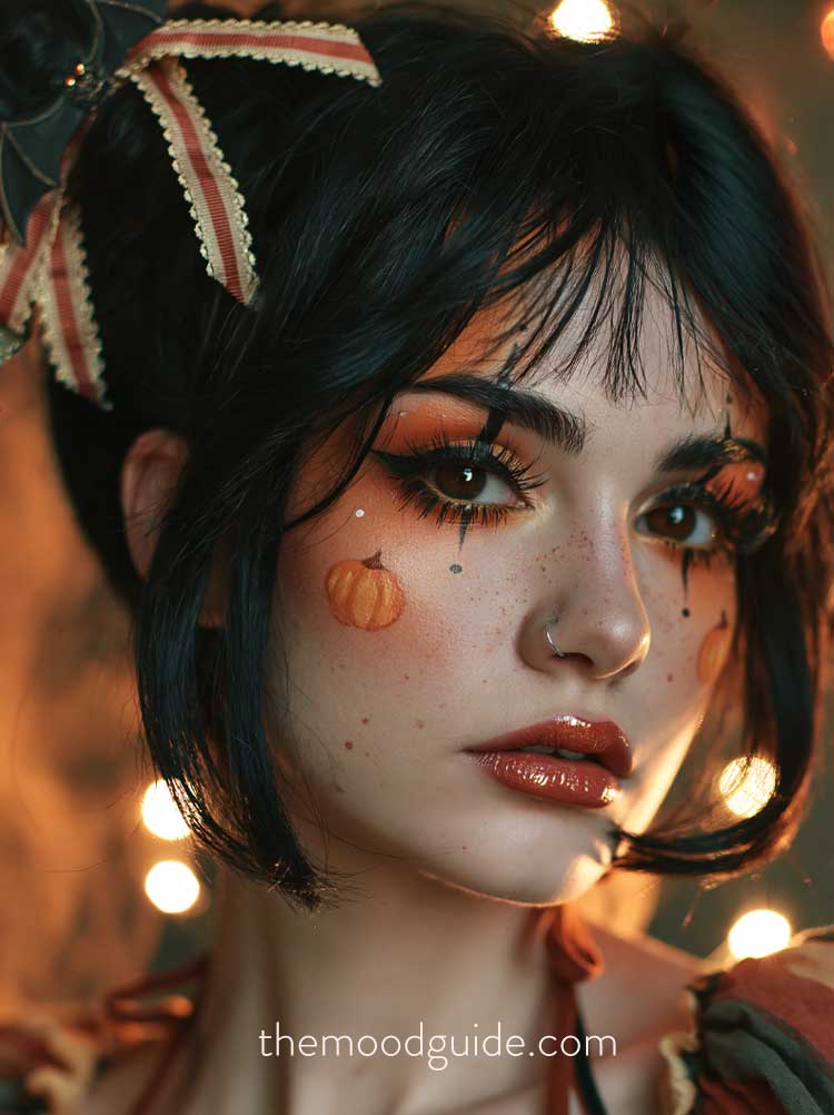 glam aesthetic doll makeup idea, Halloween-themed with orange eyes