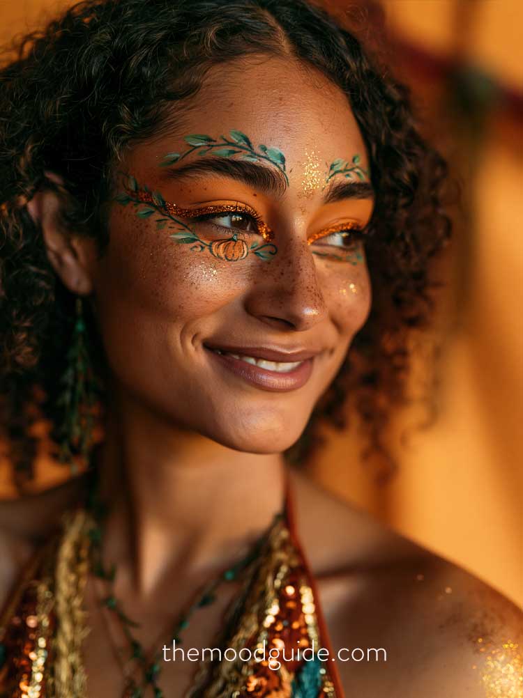 artistic cute easy makeup idea for black, brown skin with hand-painted vines and pumpkins and glittery eyeliner and orange eye makeup
