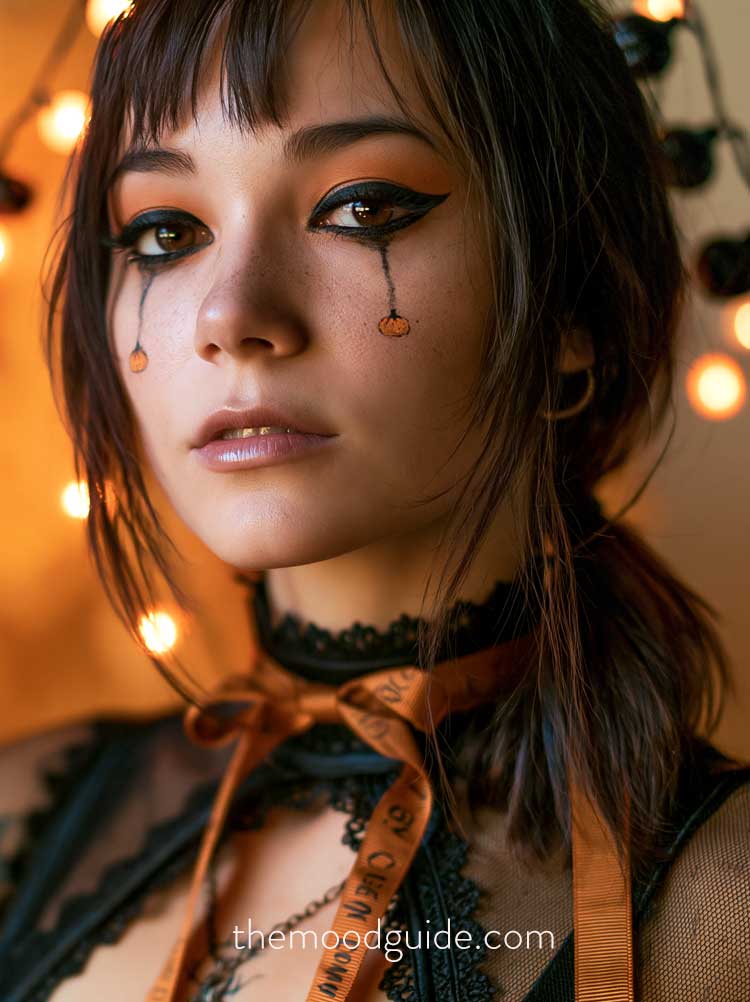 simple minimal teadrop makeup with pumpkin for halloween