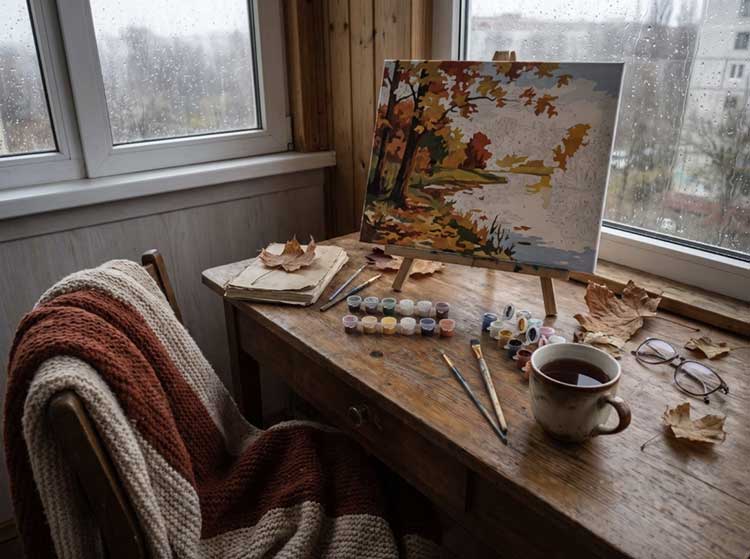 Cozy fall desk by a rain-streaked window with a half-finished canvas painting, small paint pots, a mug of tea and a knitted blanket A half-finished canvas sits beside a mug of tea on a rainy October evening.